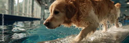 A golden retriever walks carefully on an underwater treadmill during rehabilitation. A trainer provides gentle support to help the dog with its exercise routine