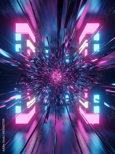 Vibrant abstract digital explosion of neon lights creating a futuristic tunnel of energy and data. This dynamic background evokes concepts of speed, innovation, and technological advancement in a