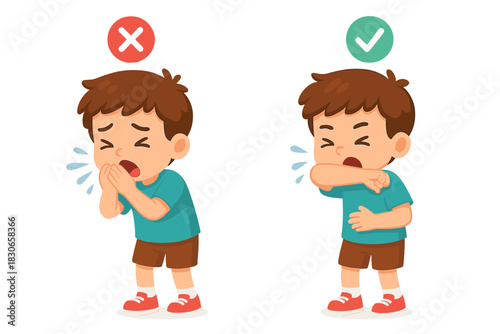 Comparison of proper and improper coughing etiquette showing a boy covering his mouth with hands versus his elbow