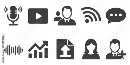 Podcast and social media solid icon set, essential communication and networking symbols including microphones, chat bubbles, social platforms