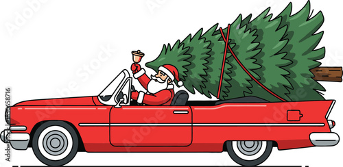 Retro Santa Ride Vintage Red Cabriolet with Tree & Bell – Classic Flat Style Vector for Christmas