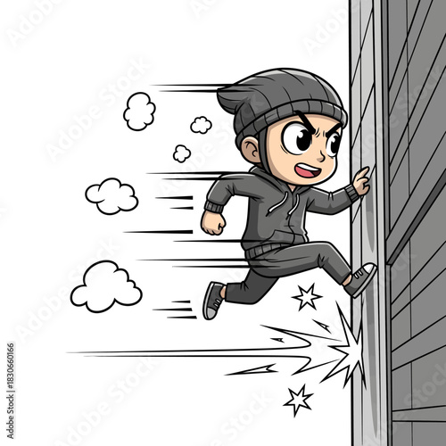 Cartoon thief escapes by running along a building with speed and energy