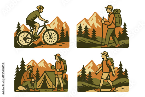 Retro style outdoor adventure scenes featuring people hiking, camping, and mountain biking