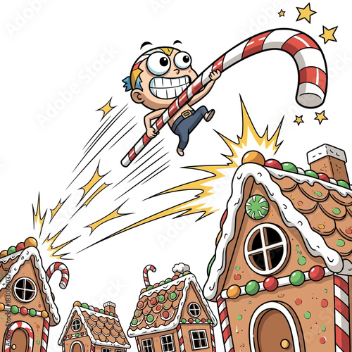 Cartoon boy attacks gingerbread houses with a giant candy cane weapon