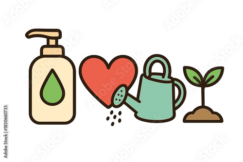 Self-care and personal growth concept featuring heart, plant sprout, and soap dispenser
