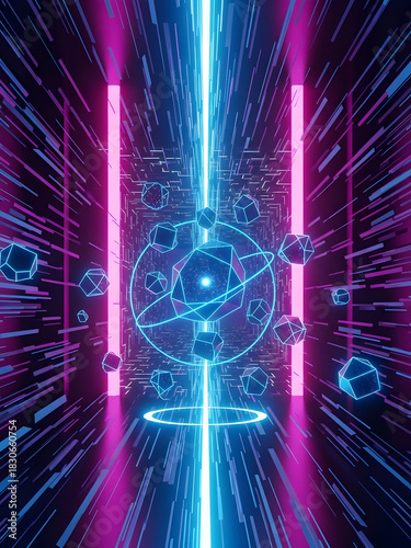 Dynamic digital tunnel with vibrant neon blue and pink light trails, featuring abstract geometric forms representing advanced technology and interconnected data flow in a futuristic concept