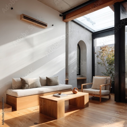 a modern, minimalist interior with a wood coffee table on the wall. the space is filled with natural daylight.