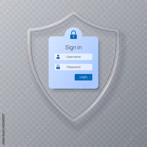 Stylish liquid glass style shield with a template for login, authorization, and registration forms for websites and mobile apps. Vector 3D illustration.
