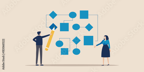 Business team planning flowchart workflow process and project management strategy