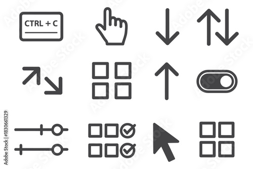 User interface elements including toggles, sliders, dropdown arrows, click icons, and layout tools, outlined vector collection suitable for mobile apps, websites, dashboards