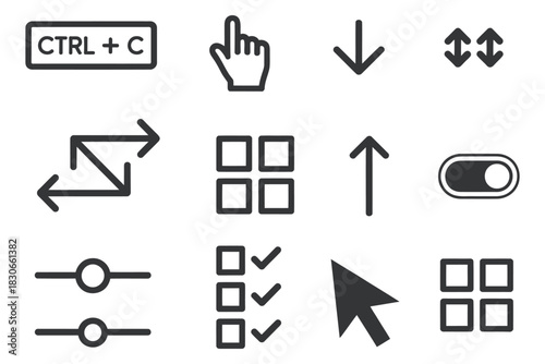 User interface elements including toggles, sliders, dropdown arrows, click icons, and layout tools, outlined vector collection suitable for mobile apps, websites, dashboards