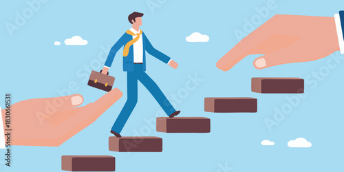 Supported business growth man climbing stairs with helping hands