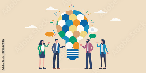 Teamwork and collaboration generating innovative ideas together in the workplace