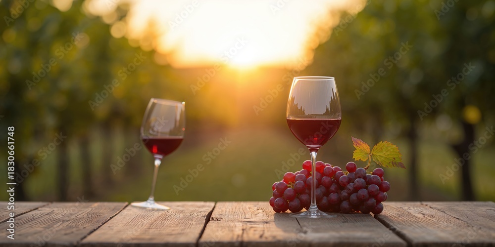 Naklejka premium Two glasses of red wine and a bunch of ripe grapes on a table in a vineyard at sunset, highlighting harvest season and wine production,