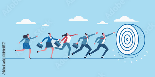 Business team running towards target goal achievement and success concept