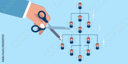 Organizational restructuring concept with scissors cutting hierarchy chart downsizing and layoffs