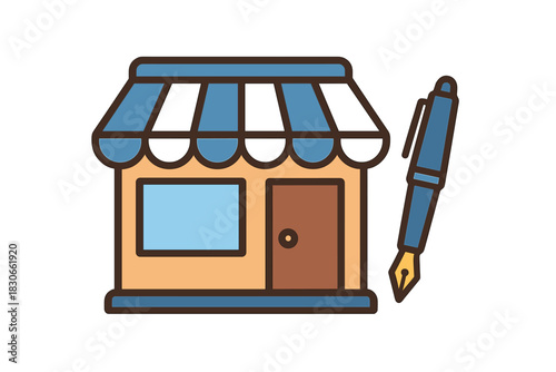 Small storefront building with striped awning and giant fountain pen