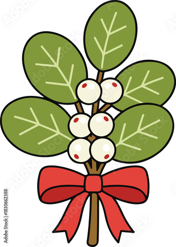 A festive cartoon illustration of a mistletoe bunch featuring green leaves and white berries, tied with a bright red ribbon bow.
