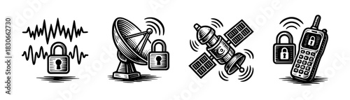 Encrypted communications vintage engraving icons set, satellite signal lock