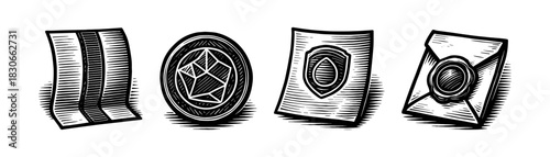 Tamper-evident seals vintage engraving icons set, security stickers and labels