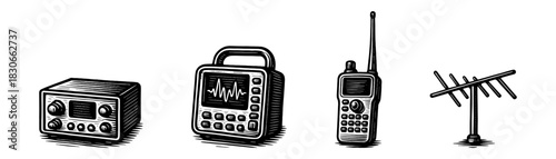 Radio communication and signal monitoring vintage engraving icons set