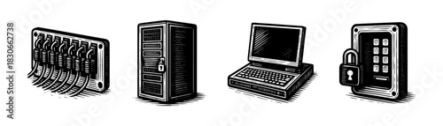 Enterprise security hardware vintage engraving icons set, servers laptops panels