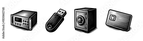 Data backup and secure storage vintage engraving icons set, drives safes