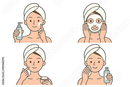 Four steps of a daily facial skincare routine including cleansing, moisturizing, and using a sheet mask