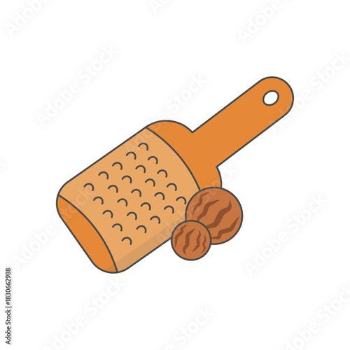 Nutmeg grater illustration. Small handheld grater form. Two nutmeg seed detail. Simple spice prep shape. Minimal aromatic kitchen piece.