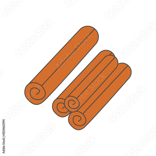 Cinnamon stick spiral illustration. Four cinnamon stick form. Spiral curl detail. Simple spice ingredient shape. Minimal aromatic kitchen piece.