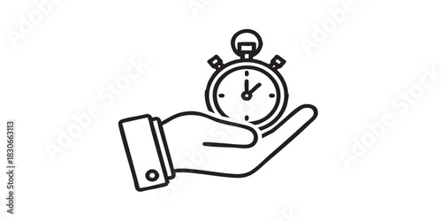 Stopwatch timer in coach hand thin line icon, sport training concept. Vector graphics. Hand with trainer stopwatch sign on white background, style icon mobile or web design.