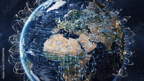 Earth globe showing network connections and global data transfer in space view