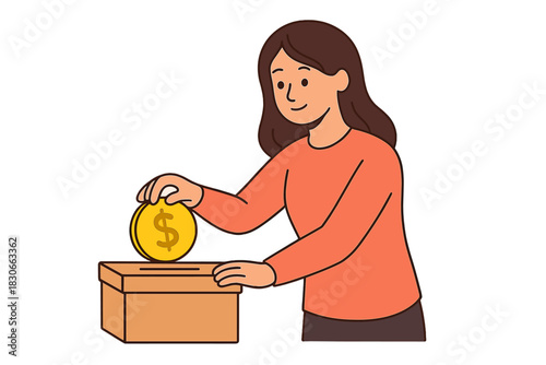 Woman dropping a dollar coin into a donation box representing charity and financial savings
