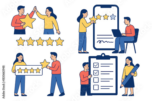 People rating services and completing surveys for customer review and feedback