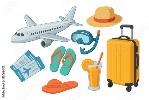 Collection of essential items for summer vacation travel including airplane, luggage, tickets, and beach accessories