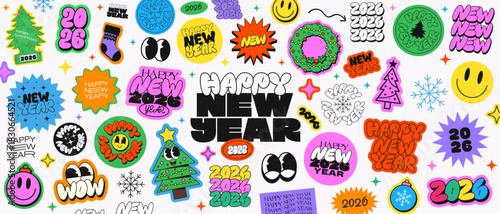 Cool Happy New Year Funky Stickers Collage. Groovy Patches Merry Chrismtas Pattern.