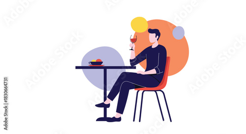 Minimalist flat illustration of a man sitting alone at a table enjoying a glass of red wine in a modern restaurant.