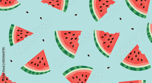 Seamless summer pattern of fresh watermelon slices and seeds scattered on a refreshing light blue background for textiles.