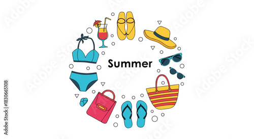 Circular frame of essential summer items including a bikini sunglasses a sun hat and a cocktail for vacation promotions.