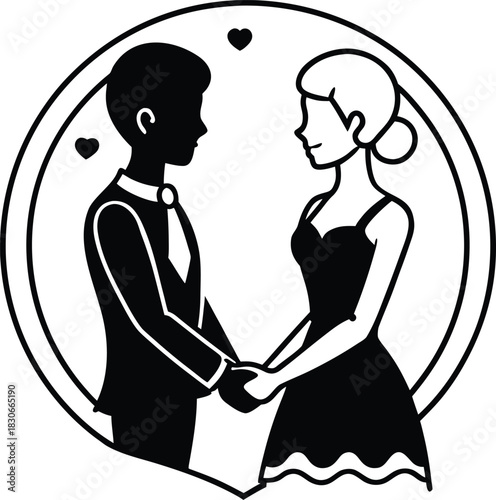 Black vector silhouette illustration of a couple: bride and groom dancing with love