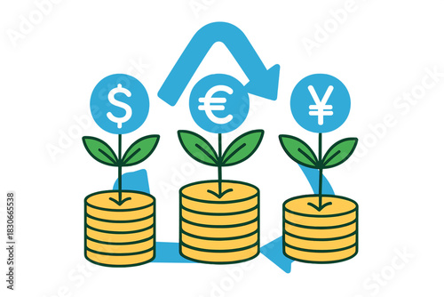 International financial growth and currency exchange of dollar euro yen symbols