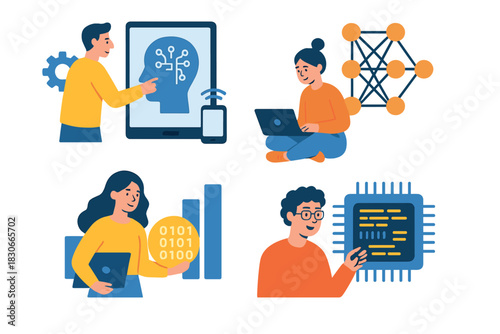 Diverse people working with artificial intelligence, data science, and neural networks