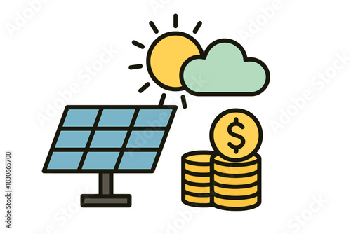 Solar panel generating renewable energy and profit represented by dollar coins