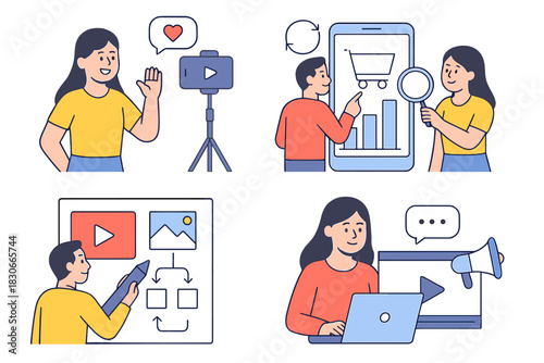 People performing online digital marketing and content creation activities set