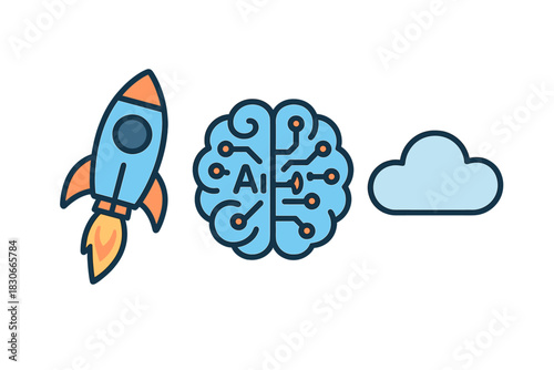 Artificial intelligence brain connected to a launching rocket and cloud computing symbol