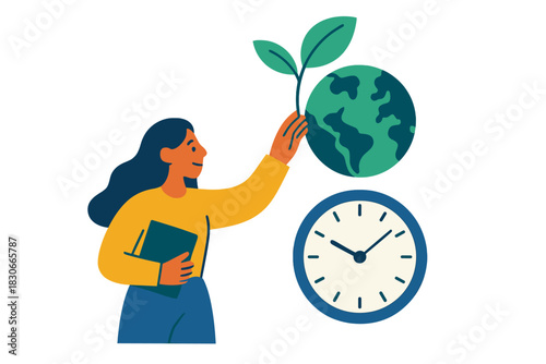 Woman Holding Sprout Near Earth Globe and Clock for Environmental Time Management
