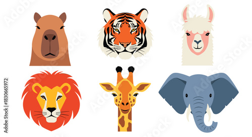 Set of flat and stylized animal head portraits including a capybara tiger llama lion giraffe and elephant on white.