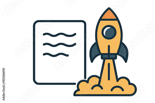 Startup project launch concept with document and rocket taking off quickly