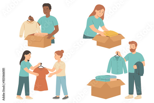 Diverse people sorting clothes into boxes and exchanging garments for donation or reuse