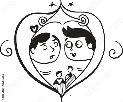 Vector illustration of a couple with a heart for a romantic Valentine's Day card, symbolizing love, wedding, and family romance art design